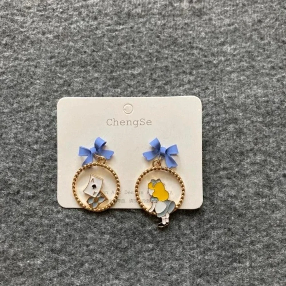 Cute‎ running princess fairy tale bow Alice asymmetric enamel earrings for women